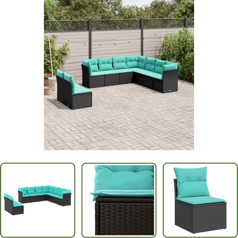Gartenmöbel -  9-teiliges Gartensofa-Set mit Kissen, schwarzes Polyrattan (1/5)