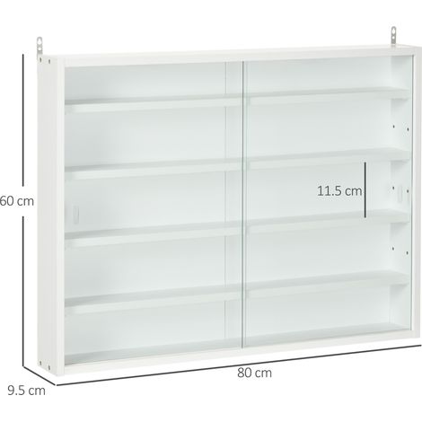 Vitrine murale de collection avec 4 étagères réglables, structure en verre et bois, 80 x 9,5 x 60 cm, blanche. (1/5)