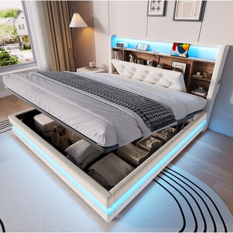 Cama tapizada 140x200 cm beige de terciopelo con LED, almacenaje y puertos USB (1/5)