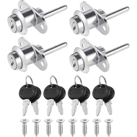 Lot de 4 verrous de tiroir, verrous à piston pour armoires avec clés et vis, verrou à came en alliage de zinc de 16 mm pour classeurs, armoires et vitrines (argenté) (1/5)