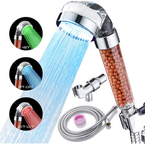 Duschkopf mit LED-Farbwechsel, Filterfiltration, Wasserspar-Spray, Handbrausen mit Schlauch und Sockel für trockene Haut und Haare mit temperaturgesteuerten Duschköpfen (1/5)