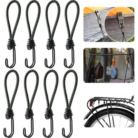 Confezione da 8 corde elastiche con ganci, corda elastica rinforzata da 16 cm, corda elastica altamente elastica con doppi ganci per rete da rimorchio, per campeggio, bagagli (1/5)