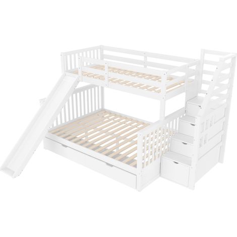 Lit superposé 90 x 200 au-dessus de 140 x 200 avec tiroirs, rangement et toboggan, multifonctionnel, blanc (1/5)