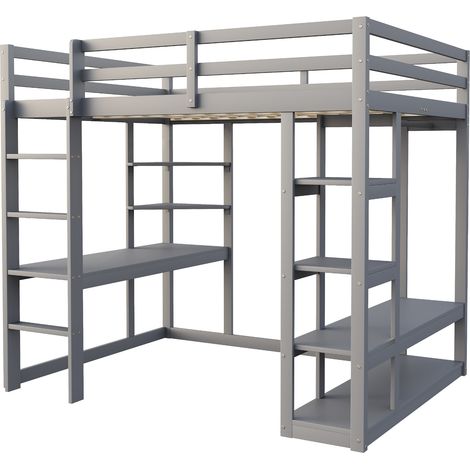 Letto a soppalco in legno grigio 140 x 200 cm con scrivania, scaffali e scala (1/5)