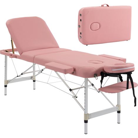 HOMCOM camilla masaje plegable portátil de aluminio de 3 zonas con respaldo altura ajustable reposacabezas extraíble bolsa transporte 215x81 cm rosa (1/5)