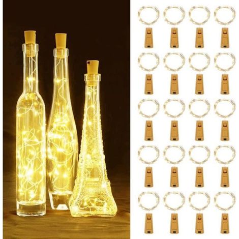 20 Bouchon LED,Fil cuivre,2m,Lumière blanc chaud,Pile LR44,Décoration bouteille (1/4)