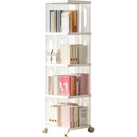 Bibliothèque rotative sur pied avec roulettes silencieuses, étagère de rangement mobile 360°, blanc, 4 niveaux (1/5)