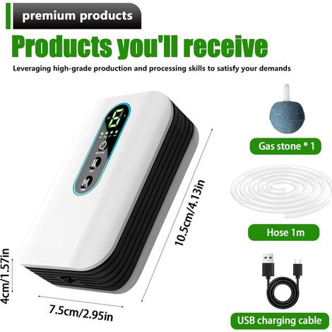 Pompe à air d'aquarium portable rechargeable USB pour bassin d'eau et pêche en plein air aérateur silencieux double sortie avec bulleur et tuyau