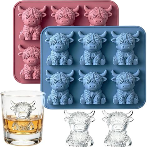 Lot de 2 bacs à glaçons en silicone 3D en forme de vache des Highland - Convient à un usage alimentaire et facile à retirer - Idéal pour whisky, boissons, fêtes, bar, anniversaire et comme cadeau (1/5)