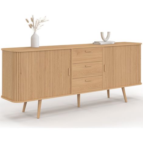 Buffet 200 cm ROMIE  XXL effet lattes 2 portes coulissantes et 3 tiroirs