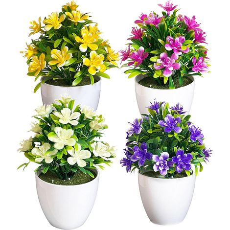 4 Pcs Artificial Flowers Plants Potted Mini Fake Plants with Pot Plastic Faux Potted Plants for Uv Resistant Artificial Plants Indoor Outdoor For Room Decor Home And Garden Decor