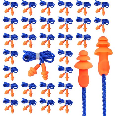 Paquete de 30 tapones para los oídos de silicona reutilizables con cordón, protección auditiva para dormir, trabajar y viajar, tapones con cancelación de ruido también para nadar (naranja, estándar). (1/5)