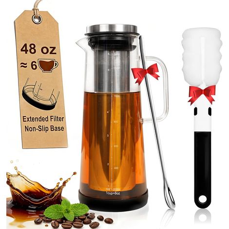 Coffee machine Cold Brew 1.4L filter stainless steel elongated For deep extraction, with non-slip base, free cleaning brush and spoon, suitable for coffee and iced tea (1/5)