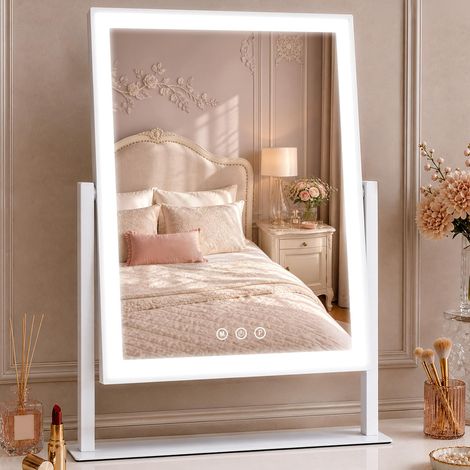 Miroir de maquillage avec éclairage - 30 x 47 cm - Miroir cosmétique à LED avec lumière - 3 modes tactiles - Intensité variable - Miroir de table rotatif à 360° - Pour coiffeuse (1/5)