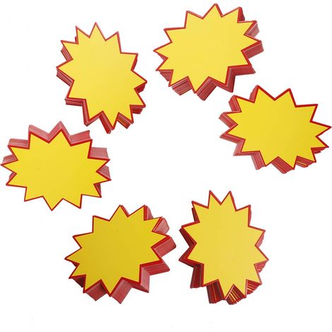 600 étiquettes de soldes vierges de 8,9 x 11,9 cm pour magasin, motif étoile solaire, imprimées recto, avec présentoir en carton. (1/5)