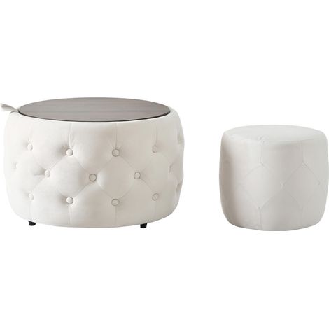 Set de 2 pufs redondos de terciopelo beige con almacenaje y bandeja de madera, 60 x 60 x 38 cm (1/5)