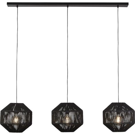 WICKER 3LT Suspension barre metal noir mat, abatjour corde naturelle Noir E27 Max 3x60w L130cm (1/5)