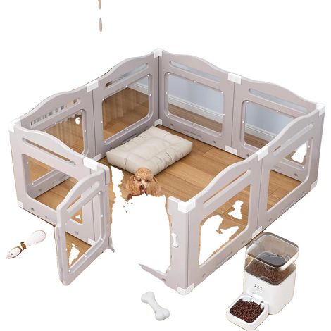 Parque para cachorros, diseño plegable, transparente con puerta, conjunto de 8 piezas en gris/transparente, 129x129x60cm (1/2)