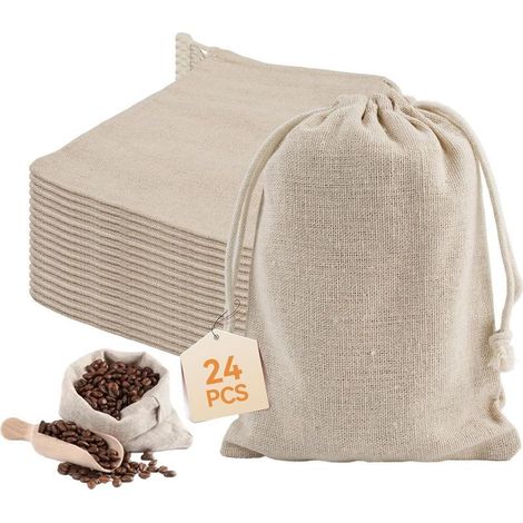 Sac Tissu Cordon - 13 x 18 cm - Coton Lin Naturel - Réutilisable - Pour Cadeaux, Épices, Fleurs Séchées - Lot de 24 (1/5)