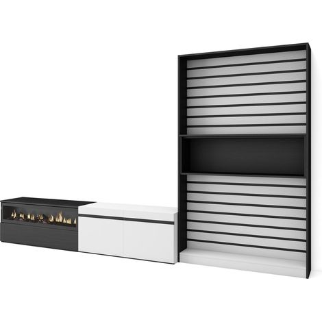 Skraut Home - Ensemble Meuble TV, Meuble Salon Complet, 310x186x35cm, Pour les TV jusqu'à 80", Cheminée électrique, Style moderne, Blanc et noir (1/5)