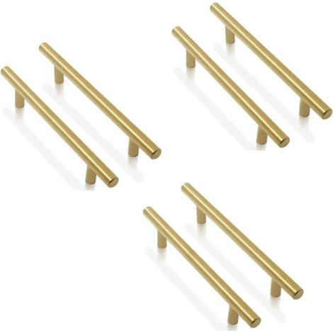 Set di 6 maniglie per mobili da cucina in acciaio inox color oro, interasse fori: 128 mm, maniglia a T, maniglia per anta della cucina.