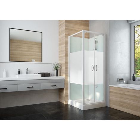 Cabine de douche 80x80cm IZIGLASS 2 carrée portes battantes verre opaque central - Leda