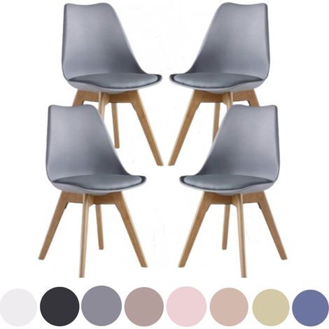 Lot de 4 chaises de salle à manger rétro – Rembourrées en similicuir – Coque en plastique – Pieds en bois massif – Style scandinave – Gris – Pn Home (1/5)