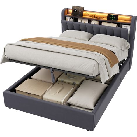 Lit 140x190 cm velours gris foncé avec rangement intégré, USB, lumière d'ambiance, capacité 200 kg – de CHICFURN (1/5)