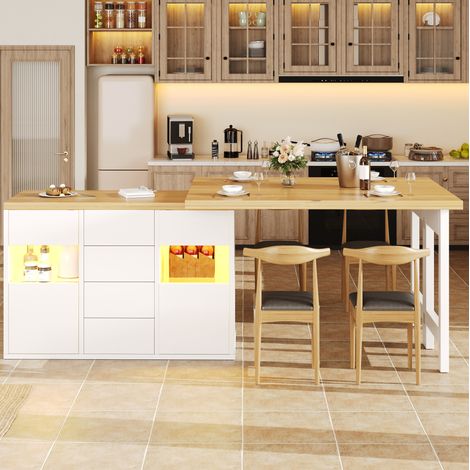 Isola cucina rotante 120-197x40x73,8 cm con LED RGB, 4 cassetti, ante in vetro, contenitore, bianco (1/5)