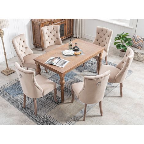 Set de 6 sillas de comedor de terciopelo beige con respaldo alto, capitoné elegante, estructura de madera, estilo moderno, asiento acolchado, para salón o cocina CHICFURN (1/5)