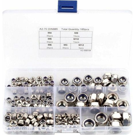 Kit assortimento di dadi di bloccaggio in nylon da 165 pezzi, dadi di bloccaggio esagonali in acciaio inossidabile 304 con custodia in plastica (dadi Nylstop: M3 M4 M5 M6 M8 M10 M12) Cisea (1/5)