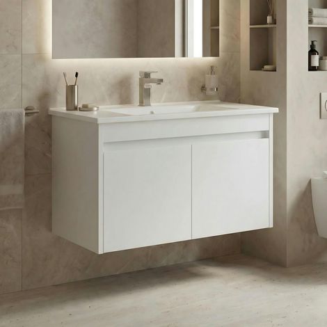 Meuble vasque suspendu 85 cm blanc 2 portes NAÏA (1/4)