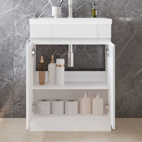 High Gloss White MDF Vanity Unitгм600390mm, FloorstandingгмDetachableгмSoft CloseгмDual-doorгм+ 610400mm White Artificial Stone Basin (1/5)