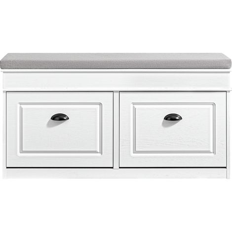 SoBuy Shoe Cabinet Storage Shoe Bench Entryway - 2 Flip-Top Doors with Removable Cushion, Storage Chest Shelf for Narrow Entryway L104xW24xH51cm Distressed Wood Effect White FSR64-WG