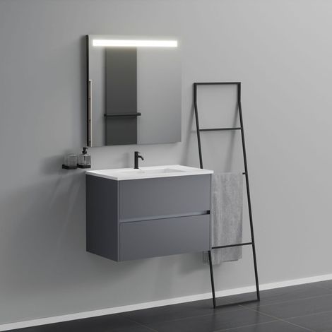 Inda - Badezimmerschrank 2 Schubladen L.80 mit beleuchtetem Spiegelwaschbecken – Mattiertes Titan