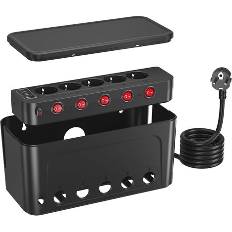 Boîte de Rangement pour Câbles avec Multiprise USB, Prise Multiple avec Interrupteur Individuel, Boite Cache Cable Multiprise, Cache Bloc Prise Parafoudre et Surtension, Rallonge 1,5m, Noir (1/5)