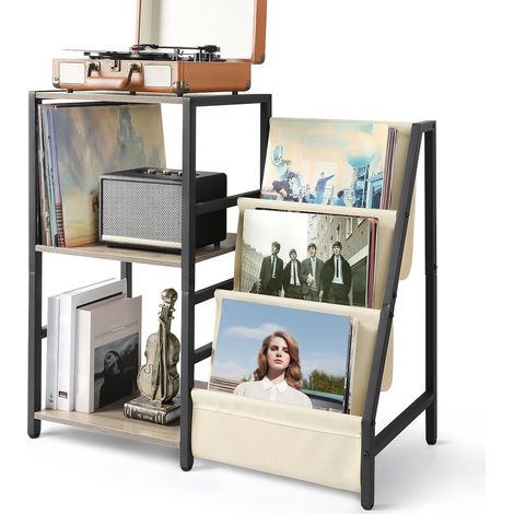Table d’Appoint pour Platine Vinyle avec Rangement à 3 Niveaux, Meuble Design pour Disques et Albums, Support de Tourne-Disque jusqu’à 200 LP, Idéal pour le Salon – Blanc (1/5)