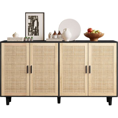 CHICFURN Credenza 4 ante in rattan 158x40x88 cm nero, con ripiano regolabile (1/5)