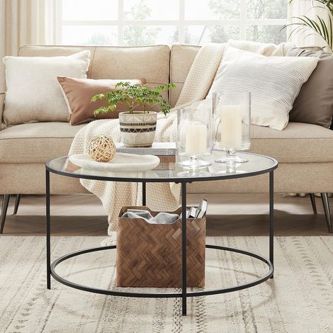 Vasagle – Table basse ronde en verre trempé – Armature métallique noire – Dimensions 84 x 45,5 cm – Capacité 70 kg – LGT021B01