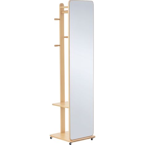 Miroir sur roulettes avec support à vêtements, 4 crochets, étagère en MDF teinte bois clair, portant mobile pour dressing