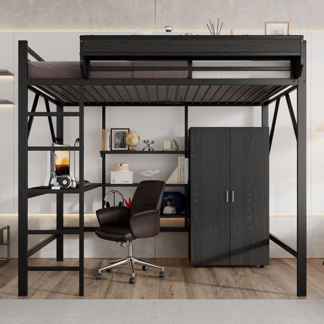 Hochbett Metall und MDF Schwarz 140x200 cm mit Schreibtisch, Kleiderschrank und Lattenrost (1/5)