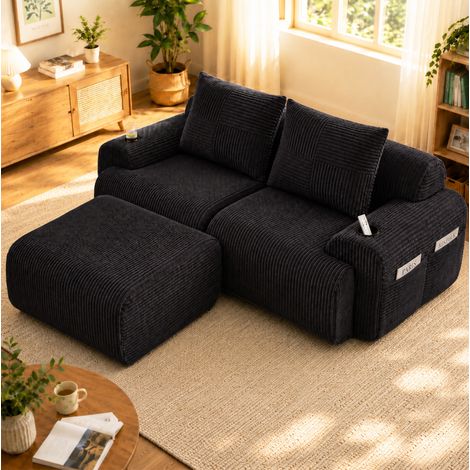 Sofá modular 200/174/80 cm negro de pana con portavasos y bolsillo lateral (1/5)
