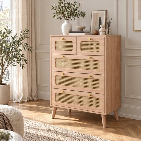 Comanlai - Commode avec 5 Tiroirs , Meuble de Rangement Multifonction pour Chambre, Salon ou Couloir, Moderne en Bois et Rotin - 60 x 34 x 91 cm - Naturel