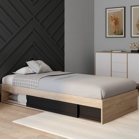 Marco de cama individual SALEM con almacenaje y somier de 90 x 190 CM de haya y negro