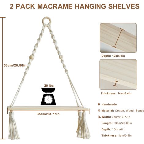 Étagère murale en bois en 2 parties - Étagère flottante de style bohème, support pour plantes blanc avec dentelle, étagère de rangement réglable, décoration murale rustique pour chambre, salon et cham (1/5)