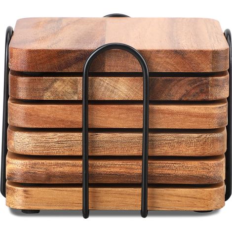 Lot de 6 dessous de verre en bois d'acacia avec support, dessous de verre carrés en bois pour boissons, bar, tasses, verre (1/5)