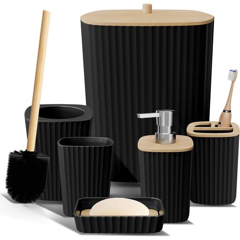 Ensemble 6 pièces Accessoire salle de bain, Plastique durable, Bambou naturel, Brosse WC, Poubelle, Distributeur savon