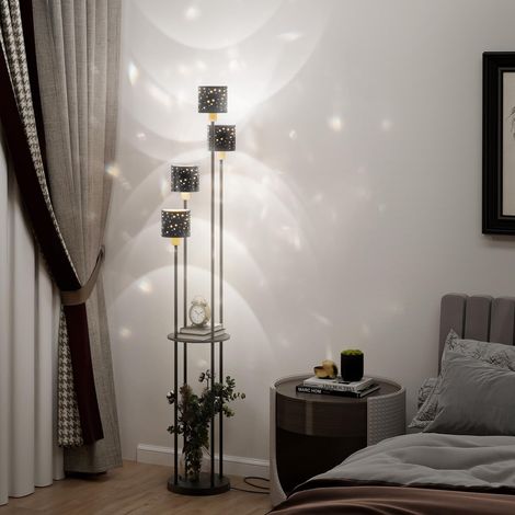 Lampadaire sur Pied 4 Abat-Jours Étoilés 2 Étagères Lampe Liseuse Interrupteur au Pied, Douille E14, Lampe de Lecture, Lampadaire sur Pied Salon Noir, Sans Ampoule (1/5)