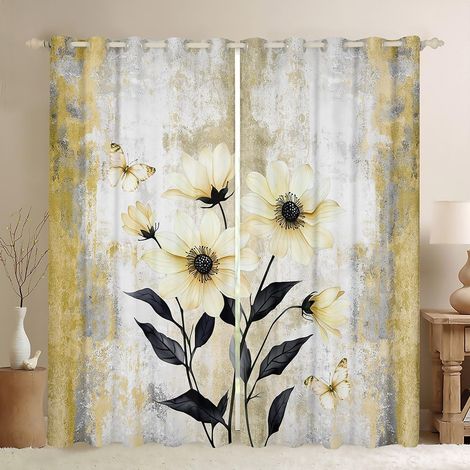 Rideau Occultant 140x260 cm Peinture À l'huile Abstraite, Rideau Ferme Rustique, Rideaux Voilage Fleurs de Margarites D'Aquarelle, Voilage Fenetre Ombre Jaune pour Chambre Salon - 140L X 260H cm (2 Pa (1/5)