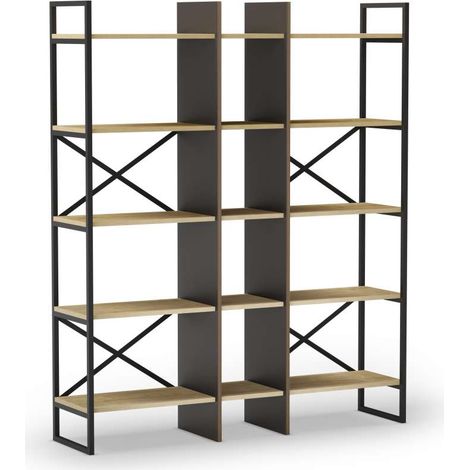 Estantería 5 estantes modelo Eva-143 acabado roble/negro, 175cm(alto) 143.5cm(ancho) 35cm(largo). (1/3)